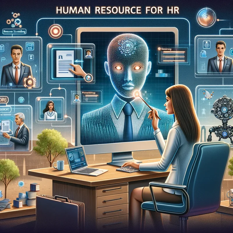 AI for HR in action: An HR manager utilizing AI tools for efficient resume screening, virtual training, and knowledge base management