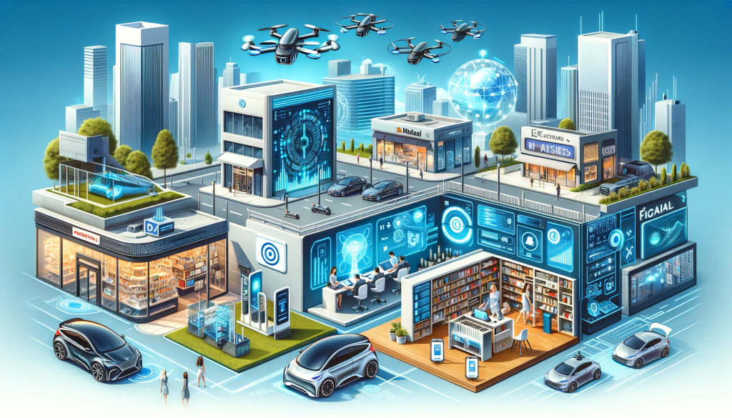 Practical AI in industries: A cityscape with autonomous vehicles, smart retail technology, and AI-enhanced e-commerce and finance sectors