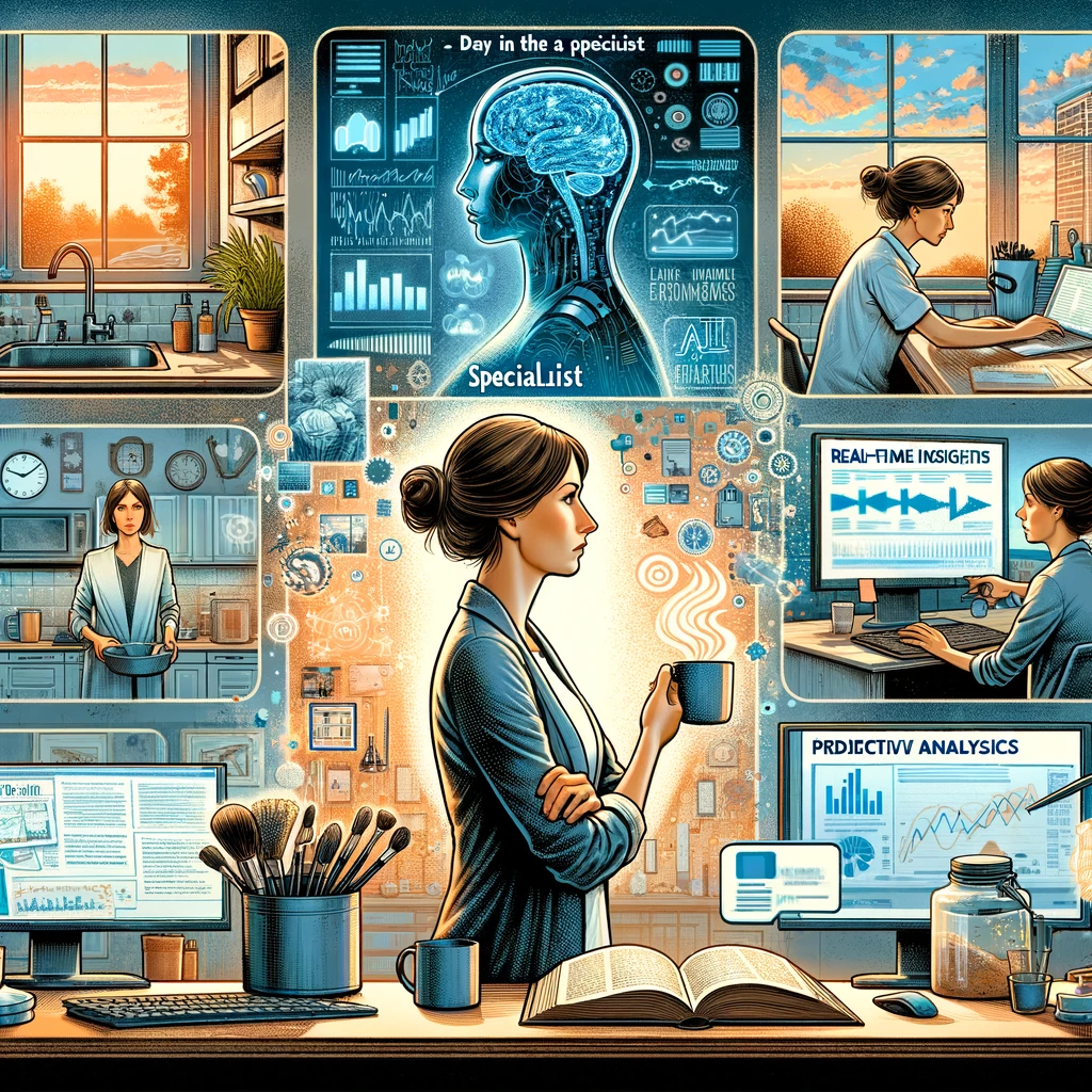 A collage depicting 'A Day in the Life of a Specialist' using AI for specialists, showcasing Emily's journey from skepticism to empowerment with AI integration in her professional tasks